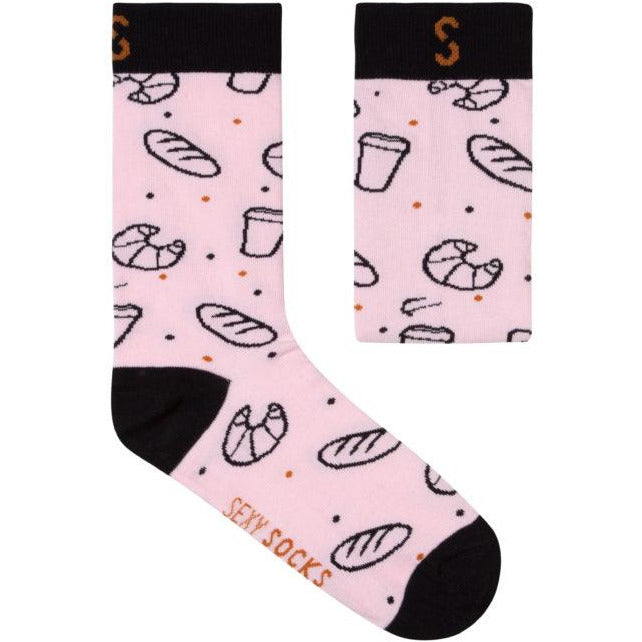 Pink cotton socks with croissants and coffee images